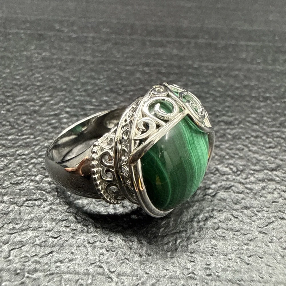 925 Sterling Silver Detailed Malachite Ring Size 7 Hallmarked